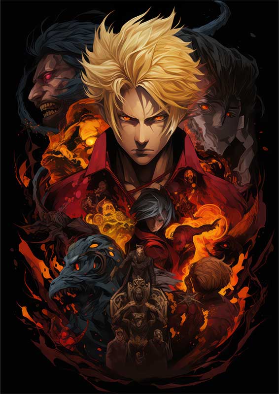 A Collage of various anime characters with a black background | Canvas