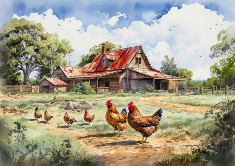 Classic Beauty Rustic Farmyard with Chickens | Poster