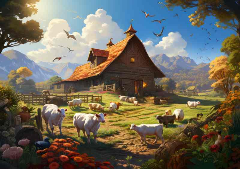 Classic Beauty Rustic Farmyard with Cows | Poster