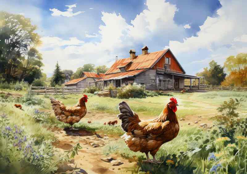 Country Morning Classic Chickens Farmyard Scene | Poster