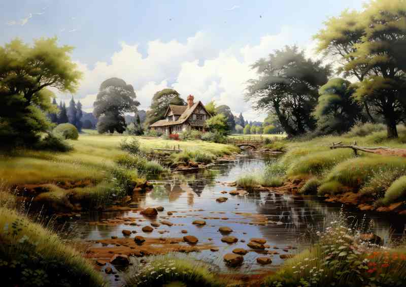 Countryside Elegance Old Cottage by English River | Poster