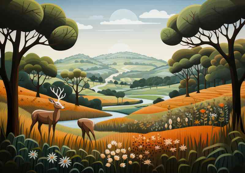 Deer On the Hilside With A River | Canvas
