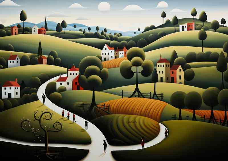 Dreamy Village Landscape With Rollinh Hills | Poster