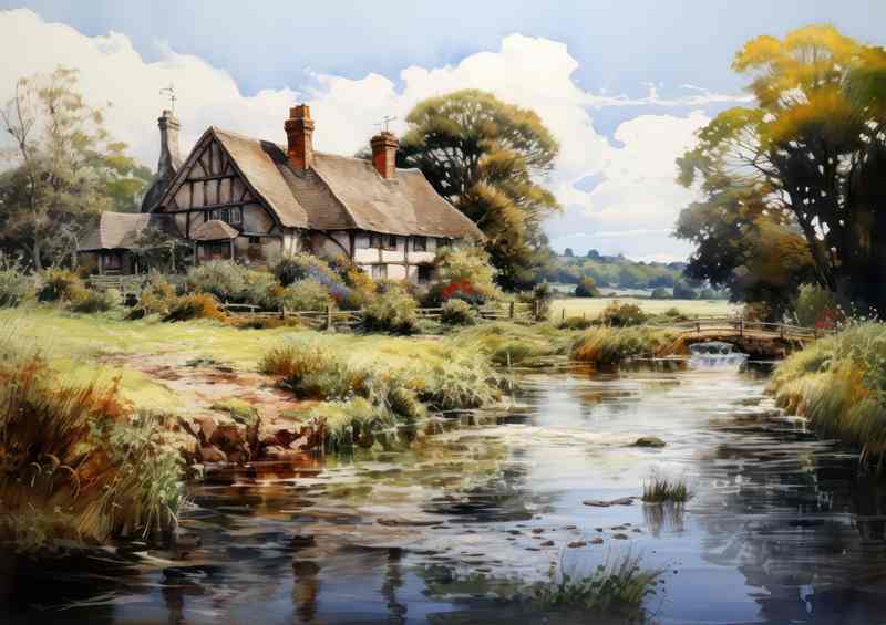 English Charm Picturesque Watercolour Riverside Cottage | Canvas