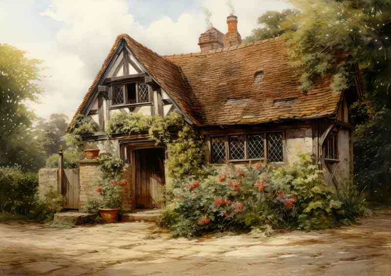Old English Country Cottage with Roses | Poster