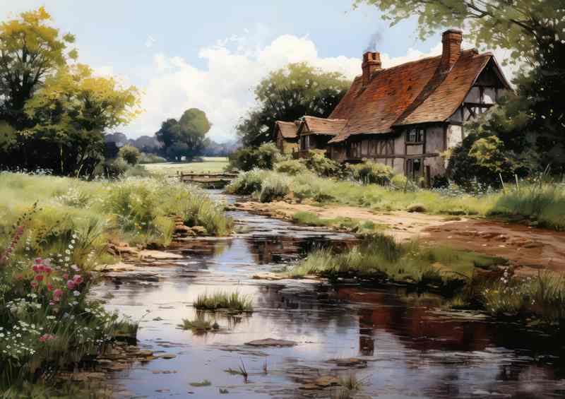 Picturesque English Cottage Riverside Watercolour Beauty | Canvas
