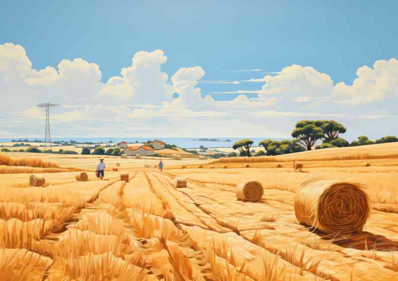 Picturesque Harvest Golden Hay Bales Fields | Poster