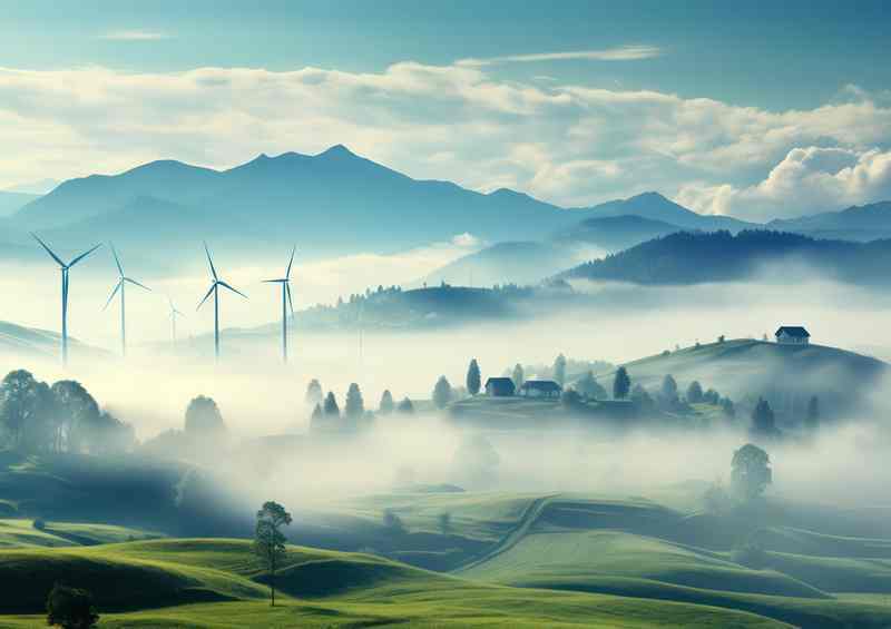 Picturesque Rural Tale Mist And Turbines | Poster