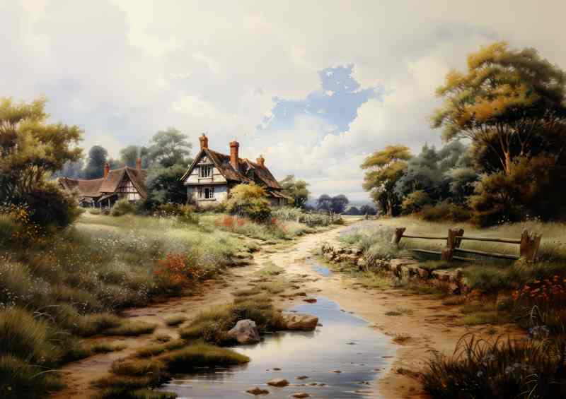 Riverside Harmony Old charming cottage scene | Canvas
