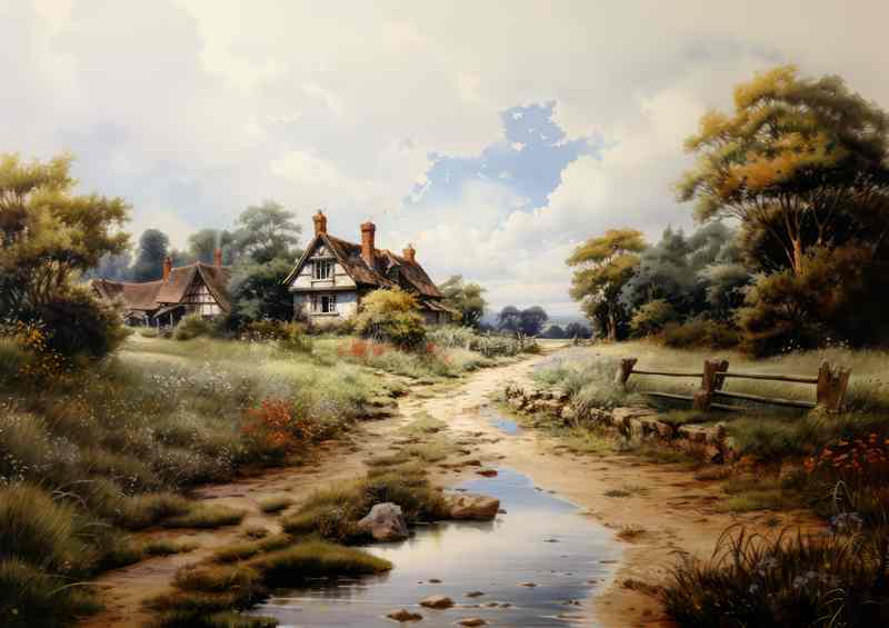 Riverside Harmony Old charming cottage scene | Poster