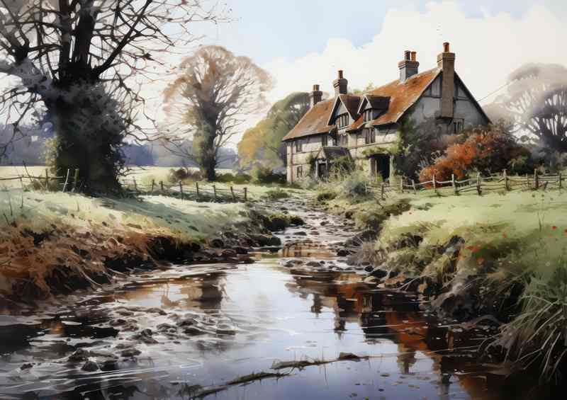 Riverside Old Cottage English Charm | Metal Poster