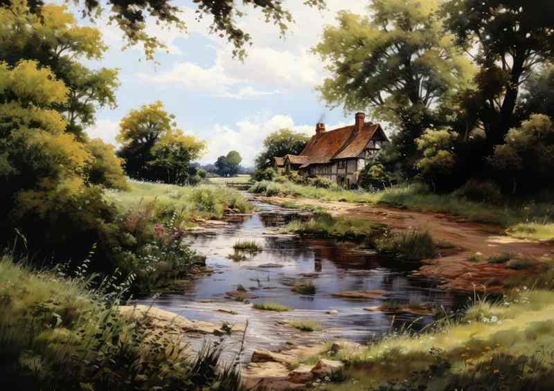 Rustic Tranquility Old Cottage by River | Metal Poster