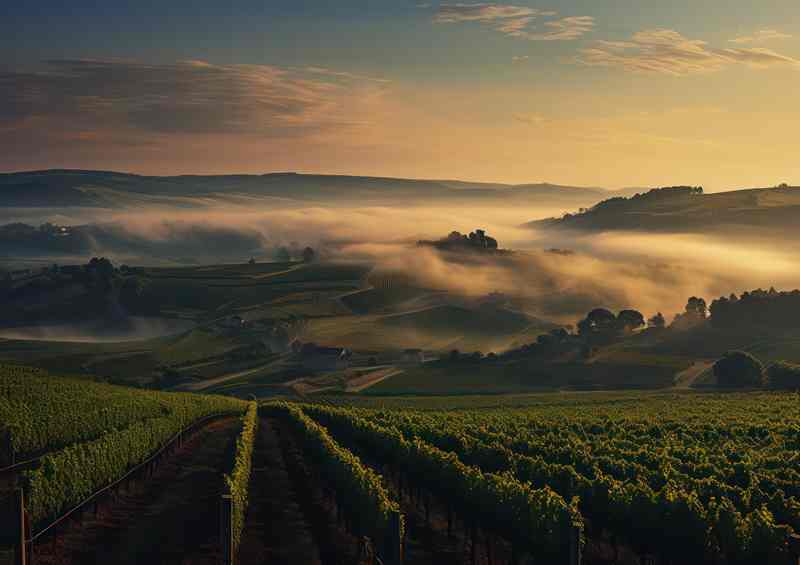 Enchanting Foggy Vineyards and Turbines Scene | Canvas