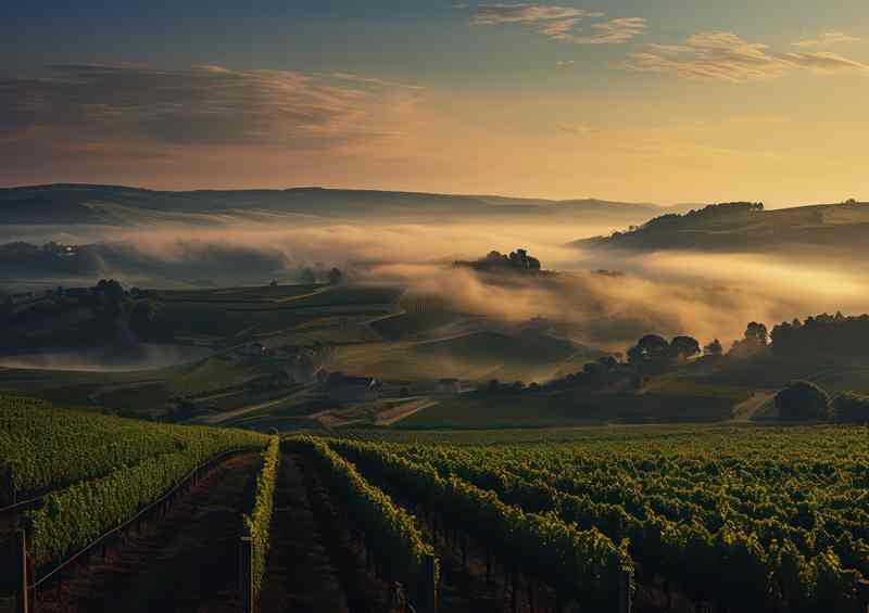 Enchanting Foggy Vineyards and Turbines Scene | Metal Poster