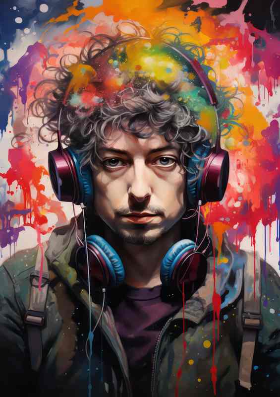 Bob dylan with headphones and colorful splatter | Di-Bond