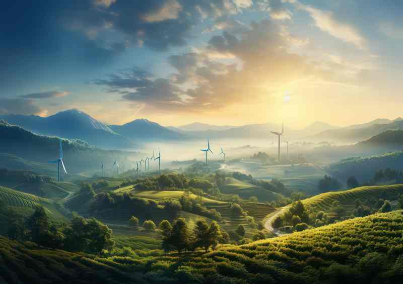 Picturesque Misty Morning Vineyards and Turbines | Poster