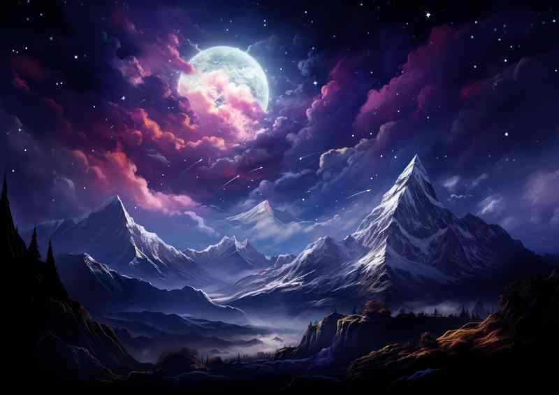 Starry Night Mountain Moon Glow | Poster