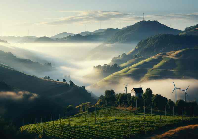 Vineyards and Turbines Enveloped in Mist | Poster