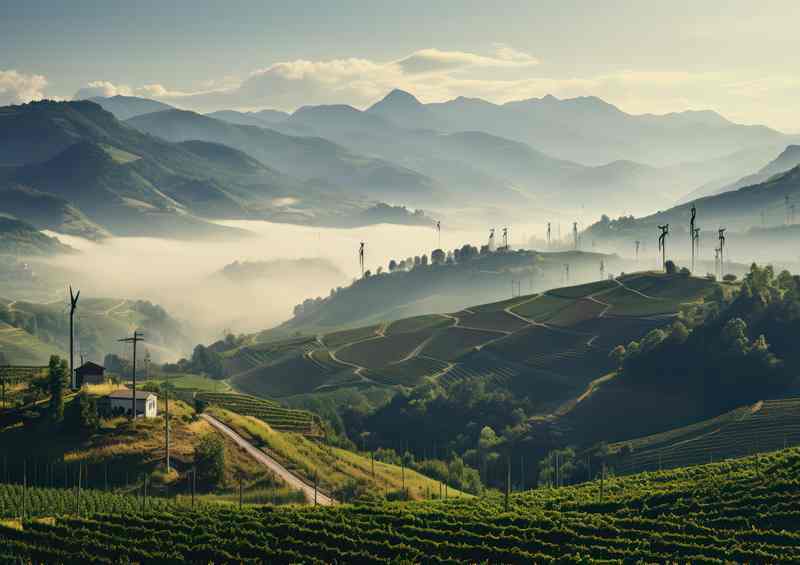 Wind Turbines Amidst Vineyards Morning Fog | Poster
