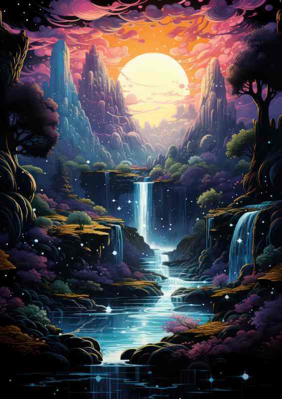 Blissful Waterfall at Night | Poster