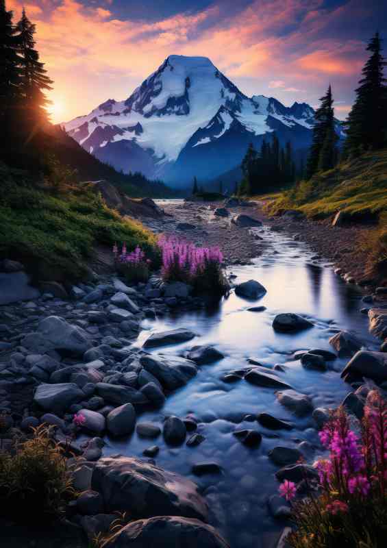 Mountain Surrounded By Purple Flowers In The Stream | Canvas