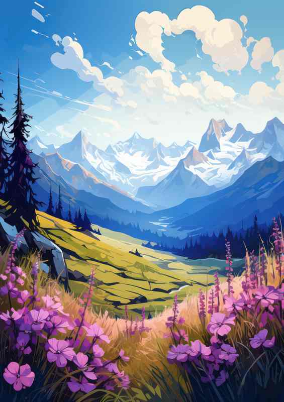 Purple Flowers And The Mountains Nestled In The Background | Canvas
