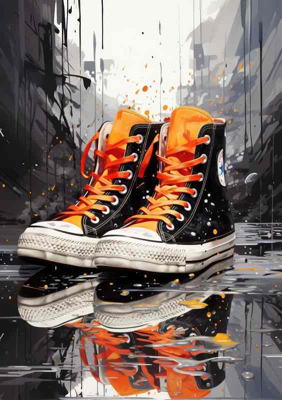 A black sneaker is sitting on an splattered surface | Di-Bond