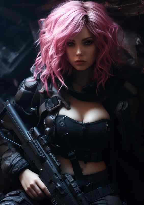 Futuristic Rebel Girl with Pink Locks Armed | Di-Bond