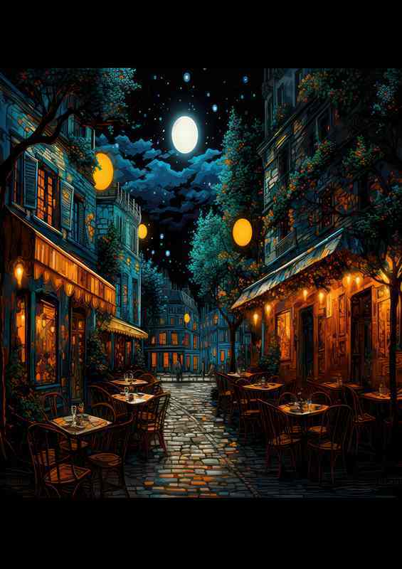 Moonlit Whispers Over Midnight Cafe Tables | Poster