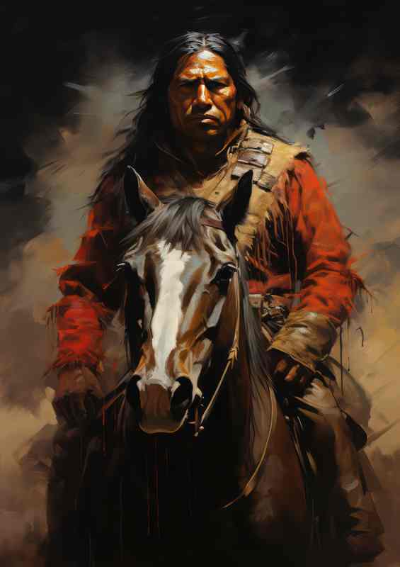 Native American Rider Galloping Through Plains | Metal Poster