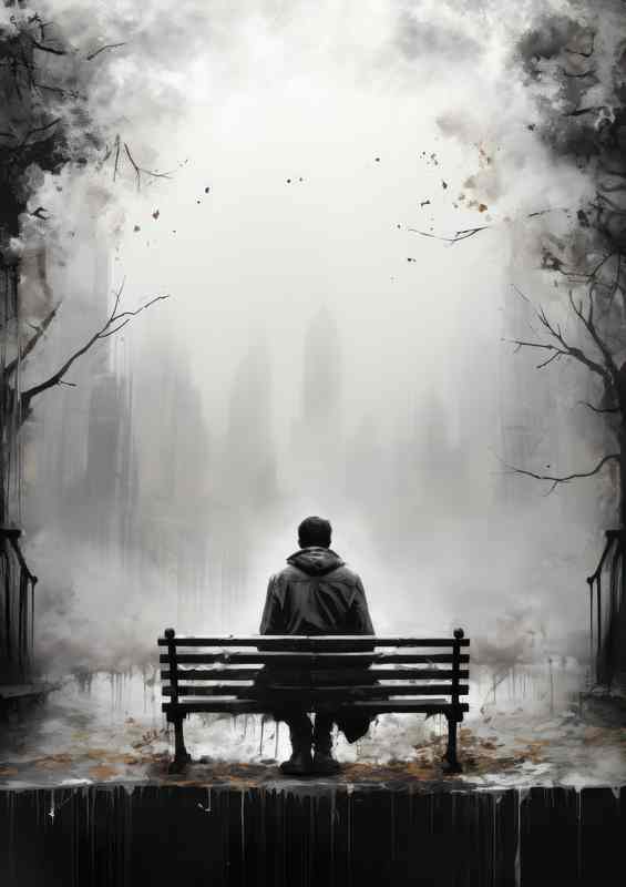 Peaceful Contemplation Man Sitting Park Bench | Poster