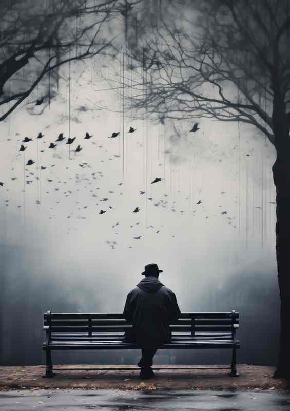 Reflective Solitude Man Seated in Park | Poster