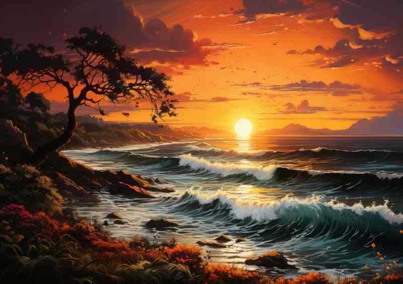 Crimson Tranquility Evening Sun Sets Over Waves | Poster