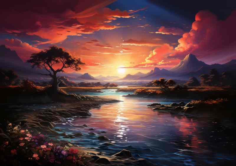 Golden Serenity Sunset Embraces the Calm Lake | Poster