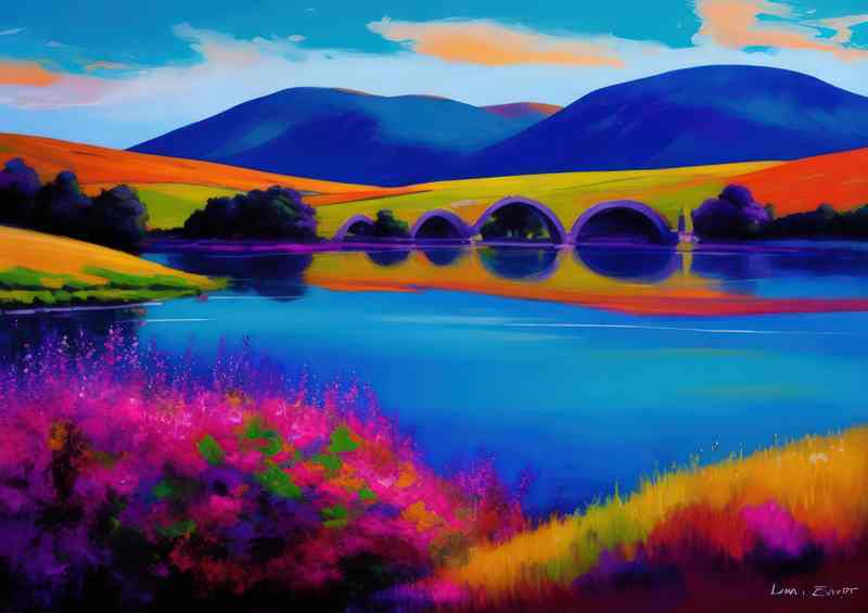 Neon bridge over the lake | Canvas