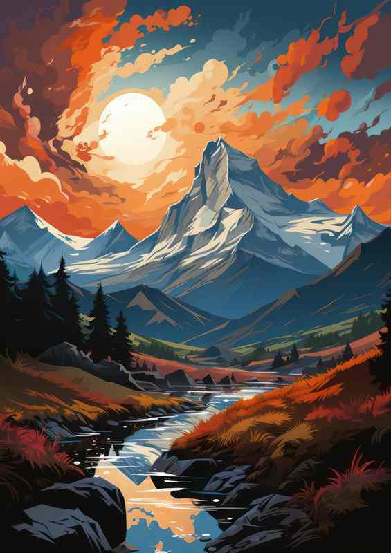 Amber Sunset Graces Mountains and River | Poster