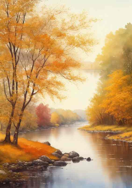 Autumn river scene with trees | Poster