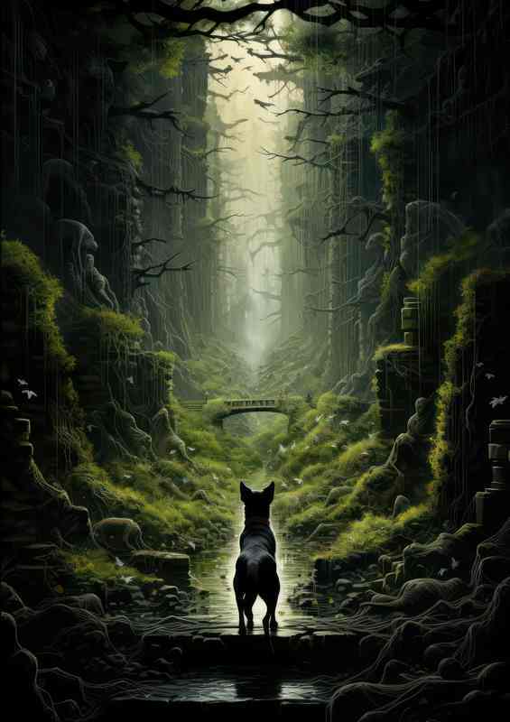 Canine Curiosity Dog Peering Through Dense Forest | Poster