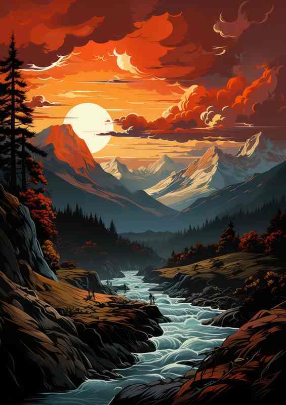 Crimson Harmony Sunset Dance on Mountain Silhouette | Poster