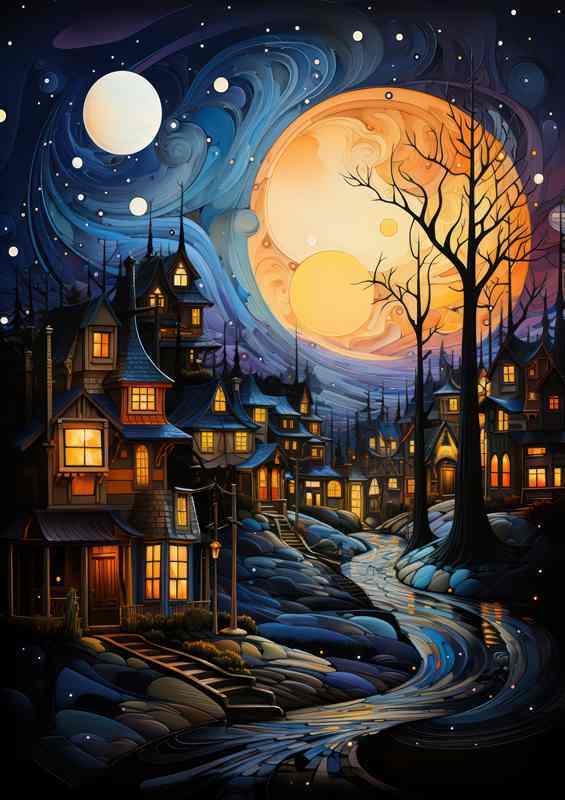 Dreamy Dusk Starry Night Over Village Roofs | Poster
