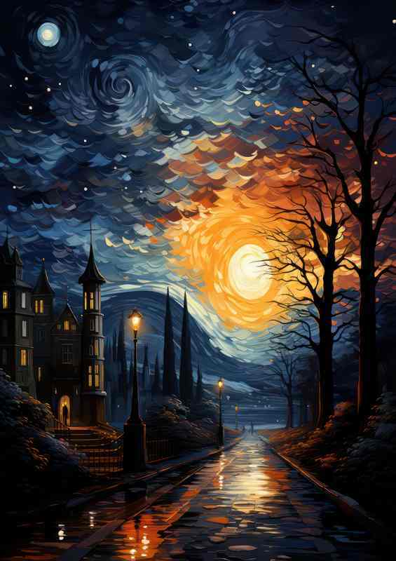 Dreamy Dusk Starry Night Over the Roofs | Metal Poster