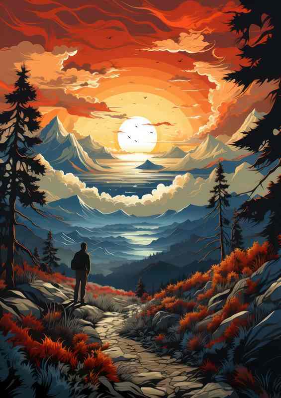 Dusk Sunset Casts Glow on Mountains and River | Poster