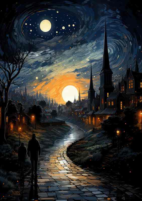 Enchanted Evening in the Village Under Stars | Metal Poster