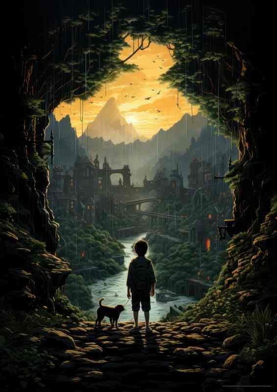 Enchanted Gaze Dog and boy Looks Through Forest Wilderness | Canvas