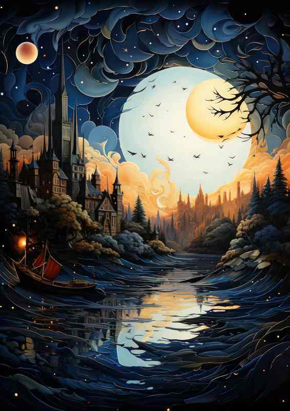 Ethereal Glow Shines on the Starry Night Village | Poster