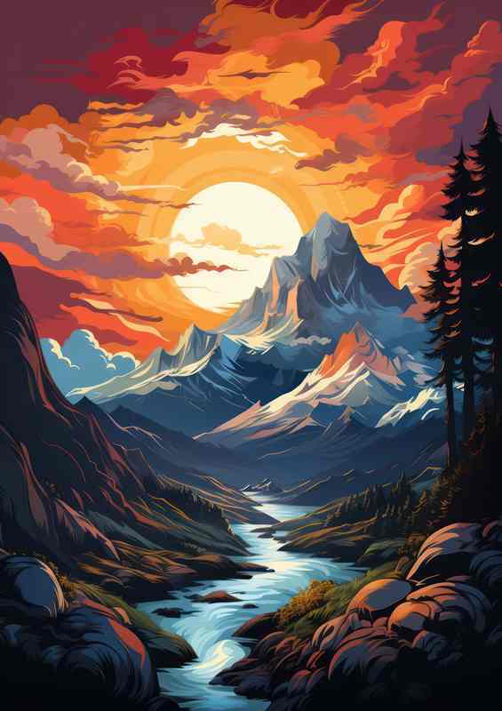 Fiery Fusion Sunset Unites Mountains and Serene River | Poster