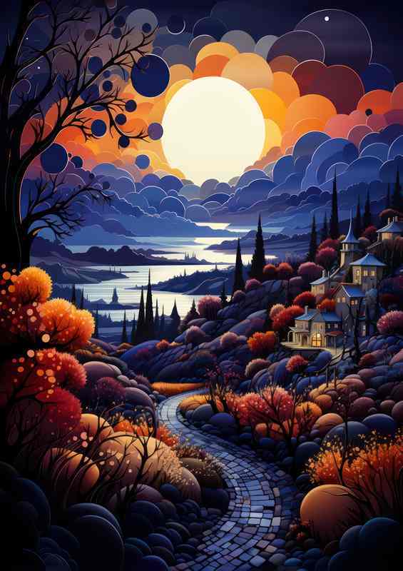 Gentle Hues Pastel Village Nestled by River | Poster