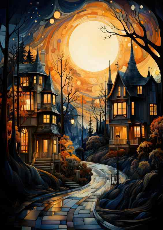 Glimmering Nightfall Stars Scatter Over Village Rooftops | Poster