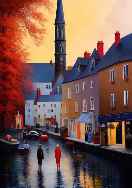 Golden Hues Illuminate Tranquil Sunset Village | Poster