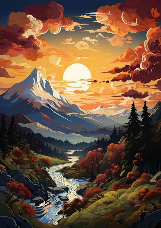 Golden Symphony Sunset Over Mountains and River | Canvas